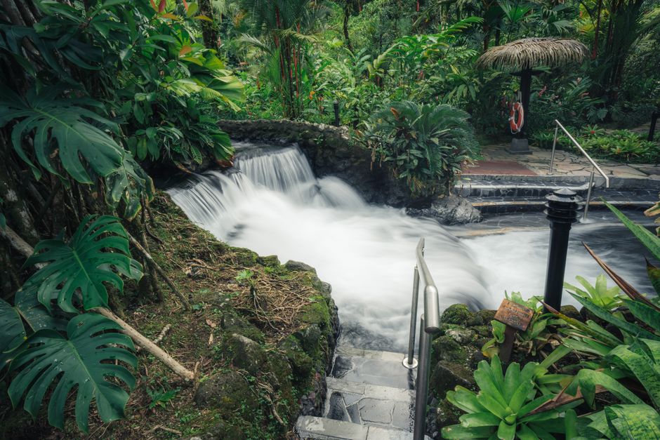 Captivating view of a tropical waterfall surrounded by lush greenery, featuring a stone pathway with handrails.