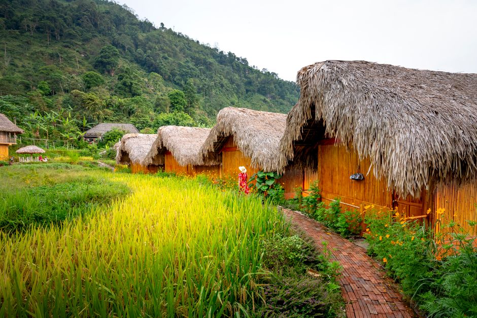 Back view of faceless female strolling near houses in hotel near green grassy hills and trees in daylight under bright sky