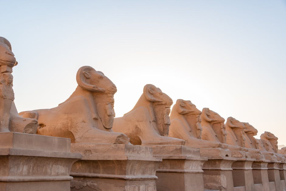 Line of ram-headed sphinx statues at Karnak Temple in Luxor, Egypt.