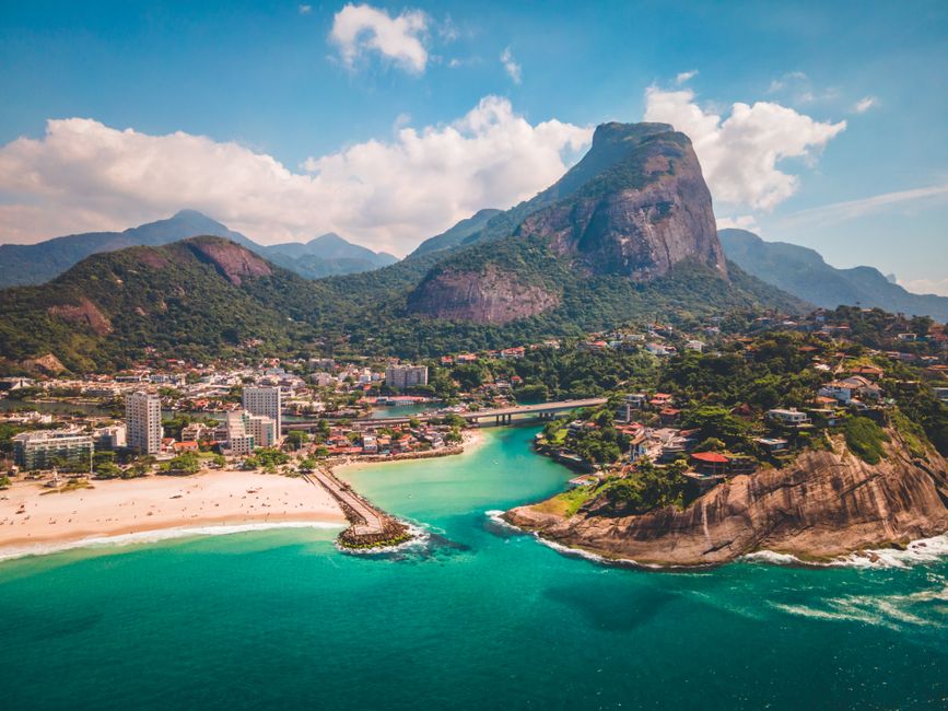 Stunning aerial view of a beach in Rio de Janeiro, showcasing blue waters and lush greenery.