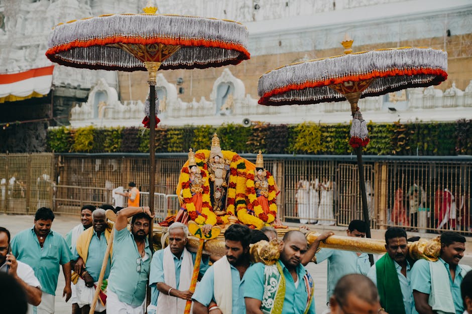 Capturing a vibrant Hindu procession at Tirumala Temple, highlighting cultural and religious traditions in Tirupati, India.