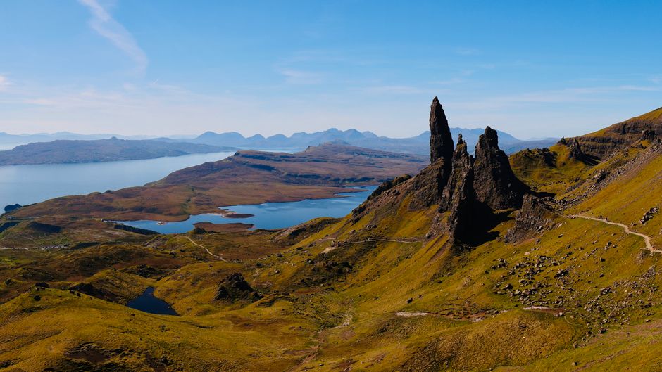 Breathtaking landscape of the Old Man of Storr on a clear day, Isle of Skye, Scotland.