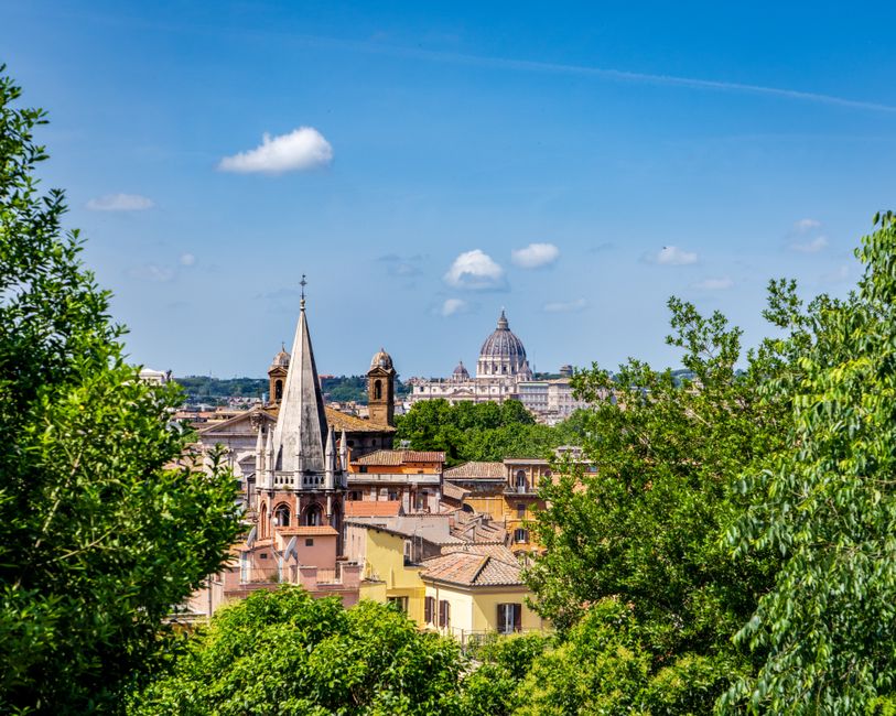 A captivating view of Rome's skyline with St. Peter's Basilica surrounded by lush greenery under a clear blue sky.